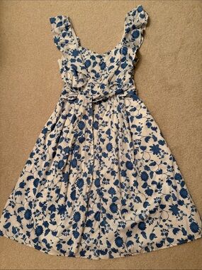 Gal Meets Glam White Midi Dress with Blue Floral Print and Ruffle Shoulders